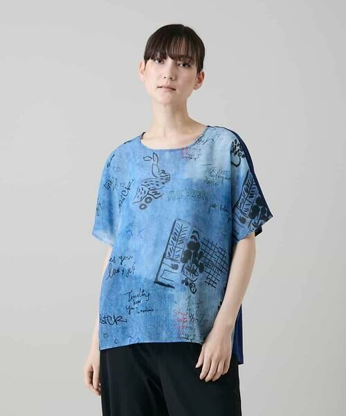 HIROKO KOSHINO / ヒロココシノ カットソー | デニム風アートプリントカットソー/日本製/洗える（ライトブルー）