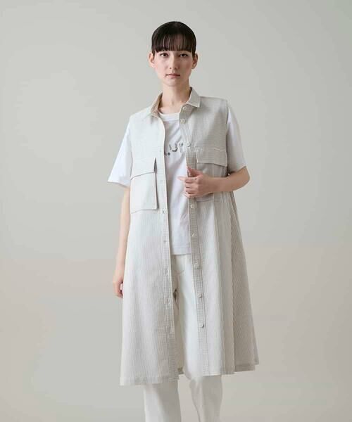 HIROKO KOSHINO / ヒロココシノ ロング・マキシ丈ワンピース | サッカーストライプロングシャツベスト/洗える（ベージュ）