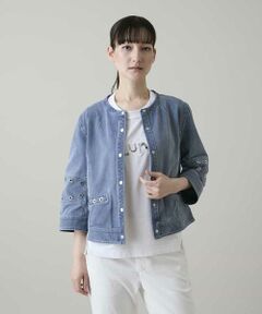 HIROKO KOSHINO / ヒロココシノ ノーカラージャケット | アイレットストレッチデニムジャケット /洗える