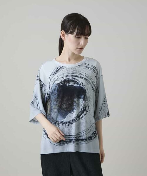 HIROKO KOSHINO / ヒロココシノ カットソー | 墨絵プリントデザインTシャツ /日本製/洗える（ブルーグレー）