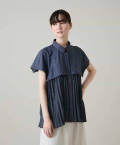 HIROKO KOSHINO / ヒロココシノ シャツ・ブラウス | 異素材ジョイントプリーツデニムブラウス/洗える