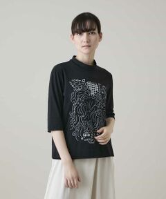 HIROKO KOSHINO / ヒロココシノ カットソー | ルーム柄モノトーンプリント五分袖カットソー/日本製/洗える