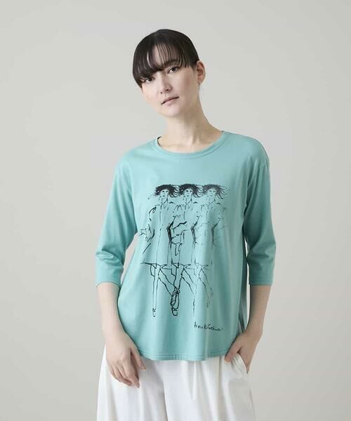 HIROKO KOSHINO / ヒロココシノ カットソー | ぼかしデッサン七分袖カットソー/日本製/洗える（ライトブルー）