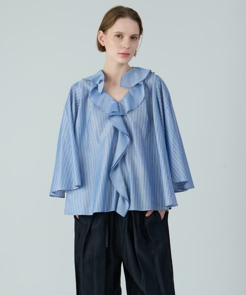 HOUSE OF LOTUS/ハウス オブ ロータス シャイニーストライプラッフルブラウス ブルー 2 HOUSE OF LOTUS/ハウス オブ ロータス シャイニーストライプラッフルブラウス ブルー 2