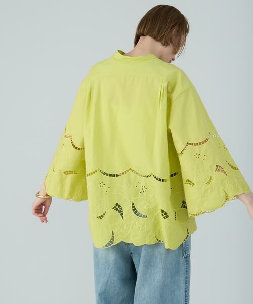 アンティークフランス アイレット花刺繍 スカラップリム リネンシャツ トップス Ellno Loset シャツ 「新色追加」レースアップフラワー刺繍