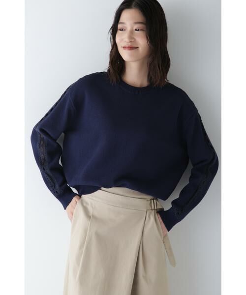 human woman/ヒューマンウーマン ◆レースドッキングニットプルオーバー ネイビー M human woman/ヒューマンウーマン ◆レースドッキングニットプルオーバー ネイビー M