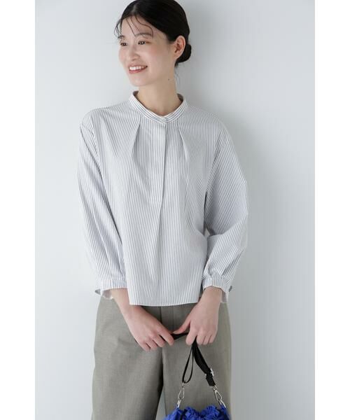 human woman/ヒューマンウーマン ◆鹿の子ジャージーストライプバンドカラープルオーバー グレーストライプ3 M human woman/ヒューマンウーマン ◆鹿の子ジャージーストライプバンドカラープルオーバー グレーストライプ3 M
