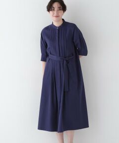 human woman / ヒューマンウーマン ワンピース | ◆コットンヘンプサテンハーフスリーブバンドカラーワンピース