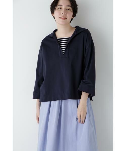 human woman/ヒューマンウーマン ◆コットンポリエステルプレーティング天竺カットソー ネイビーボーダー M human woman/ヒューマンウーマン ◆コットンポリエステルプレーティング天竺カットソー ネイビーボーダー M