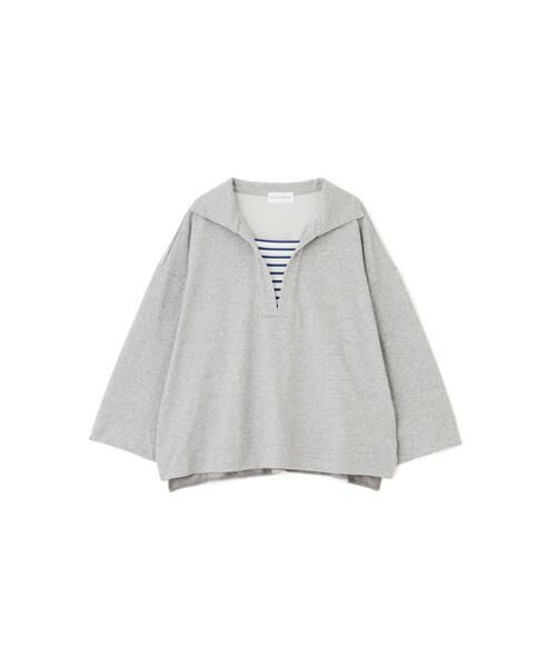 human woman/ヒューマンウーマン ◆コットンポリエステルプレーティング天竺カットソー グレー×ブルーボーダー M human woman/ヒューマンウーマン ◆コットンポリエステルプレーティング天竺カットソー グレー×ブルーボーダー M