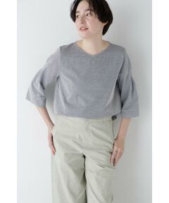 human woman / ヒューマンウーマン カットソー | ◆ジャガードストライプジャージーＶネックプルオーバー