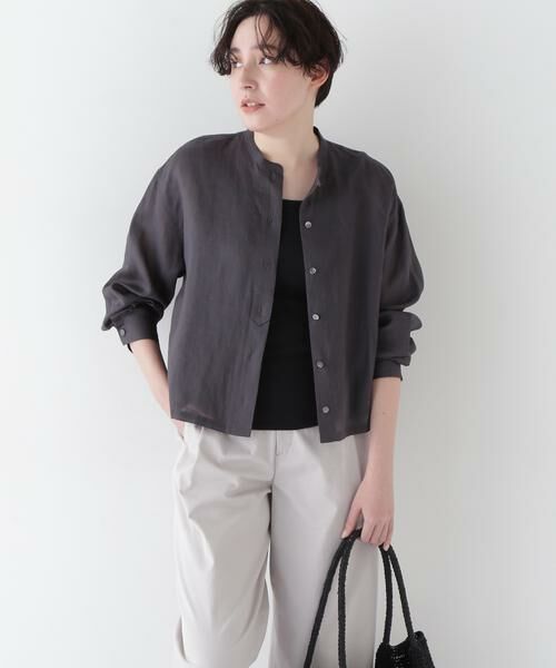 human woman/ヒューマンウーマン ◆ラミーバンドカラーシャツブラウス チャコール1 M human woman/ヒューマンウーマン ◆ラミーバンドカラーシャツブラウス チャコール1 M