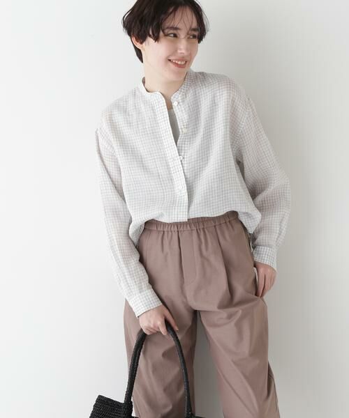 human woman/ヒューマンウーマン ◆ラミーバンドカラーギンガムシャツブラウス グレーギンガム3 M human woman/ヒューマンウーマン ◆ラミーバンドカラーギンガムシャツブラウス グレーギンガム3 M