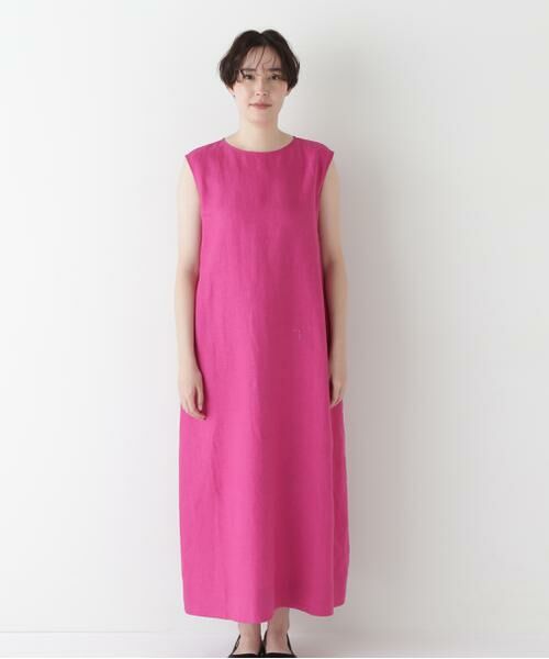 新品 human woman M ピンク 五分袖チュニック セール】 ◇リネンボートネックロングワンピース （ワンピース