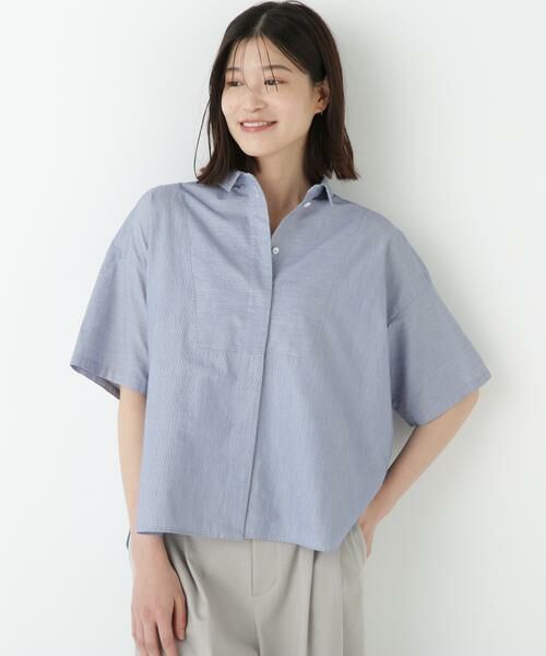 human woman / ヒューマンウーマン シャツ・ブラウス | ◆コットンストライプボックスシャツ(ブルーストライプ3)