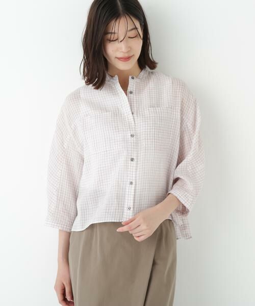 human woman / ヒューマンウーマン シャツ・ブラウス | ◆ラミーバンドカラーチェックシャツブラウス | 詳細2