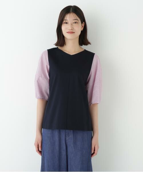 human woman / ヒューマンウーマン カットソー | ◆シアーストライプドッキングＶネックカットソープルオーバー | 詳細3