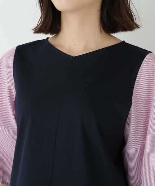 human woman / ヒューマンウーマン カットソー | ◆シアーストライプドッキングＶネックカットソープルオーバー | 詳細6