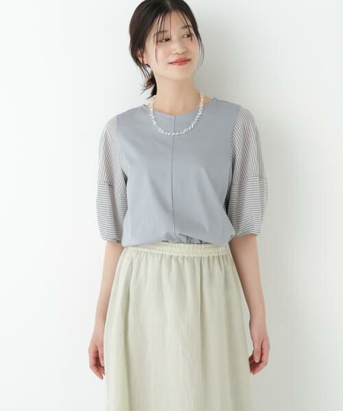 human woman / ヒューマンウーマン カットソー | ◆シアーストライプドッキングＶネックカットソープルオーバー | 詳細13