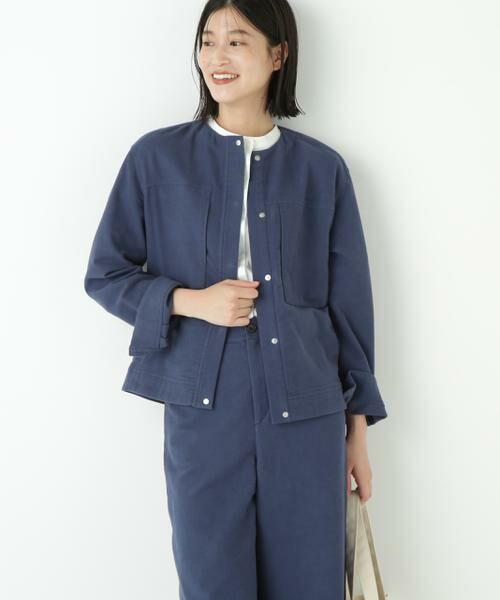 human woman / ヒューマンウーマン ブルゾン | ◆ストレッチエアリードットコードノーカラーブルゾン(ブルー)