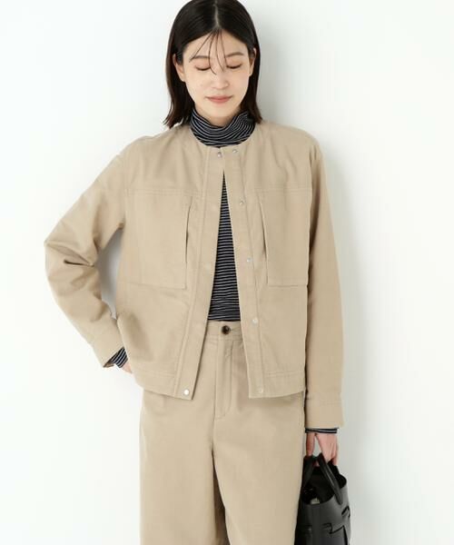 human woman / ヒューマンウーマン ブルゾン | ◆ストレッチエアリードットコードノーカラーブルゾン(ベージュ)