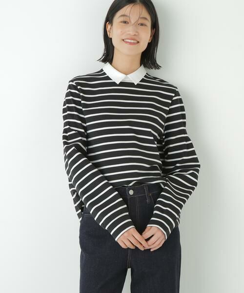 human woman / ヒューマンウーマン カットソー | ◆ストレッチポンチシャツカラードッキングプルオーバー(ブラックボーダー3)