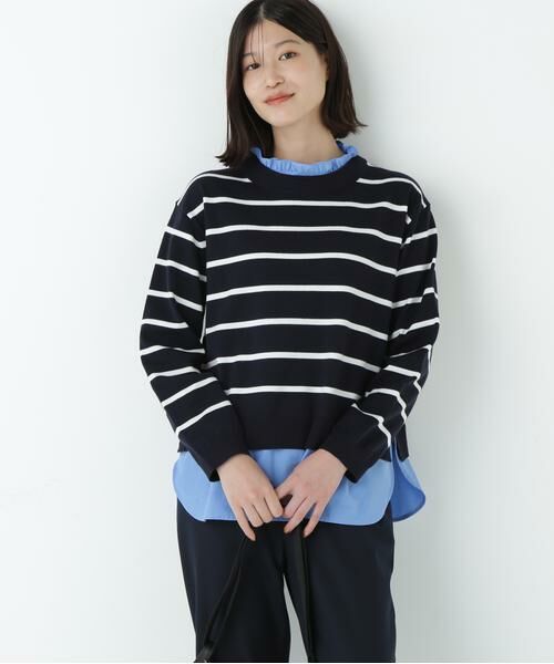 human woman/ヒューマンウーマン シャツ地ドッキングプルオーバー ネイビーボーダー3 M human woman/ヒューマンウーマン シャツ地ドッキングプルオーバー ネイビーボーダー3 M