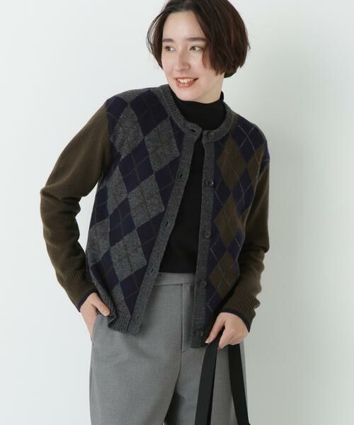 human woman / ヒューマンウーマン ニット・セーター | ウールMIXアーガイルクルーネックカーディガン(カーキチェック3)