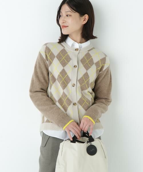 human woman/ヒューマンウーマン ウールMIXアーガイルクルーネックカーディガン ベージュチェック3 M human woman/ヒューマンウーマン ウールMIXアーガイルクルーネックカーディガン ベージュチェック3 M