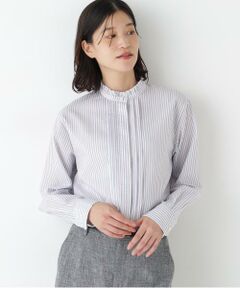 human woman / ヒューマンウーマン シャツ・ブラウス | ◆先染めストライプスタンドフリルブラウス