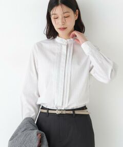 human woman / ヒューマンウーマン シャツ・ブラウス | ◆先染めストライプスタンドフリルブラウス