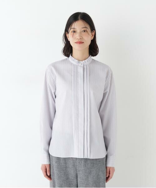 human woman / ヒューマンウーマン シャツ・ブラウス | ◆先染めストライプスタンドフリルブラウス | 詳細3