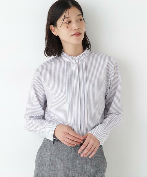 human woman / ヒューマンウーマン シャツ・ブラウス | ◆先染めストライプスタンドフリルブラウス（ブルー×レッドストライプ3）
