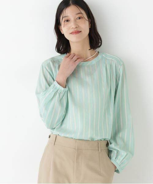 human woman / ヒューマンウーマン シャツ・ブラウス | ◆ストライプボリュームＢＬ（グリーンストライプ3）