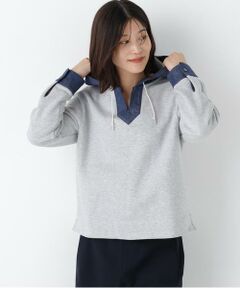 human woman / ヒューマンウーマン カットソー | ◆デニムドッキングフーディープルオーバー