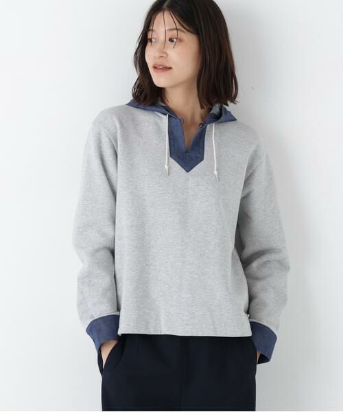 human woman / ヒューマンウーマン カットソー | ◆デニムドッキングフーディープルオーバー | 詳細7
