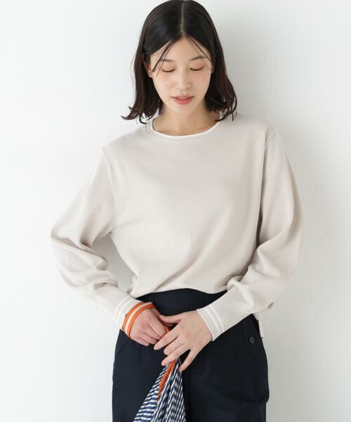 human woman / ヒューマンウーマン ニット・セーター | ◆オーガニックコットン混ライン入プルオーバー（グレージュ×白2）