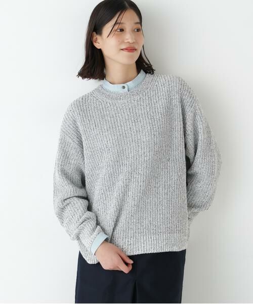 human woman / ヒューマンウーマン ニット・セーター | ◆ネップ入ペーパーヤーン片畦クルーネックプルオーバー（グレー1）
