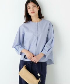 human woman / ヒューマンウーマン シャツ・ブラウス | ◆綿ポリエステル先染ノーカラーブラウス