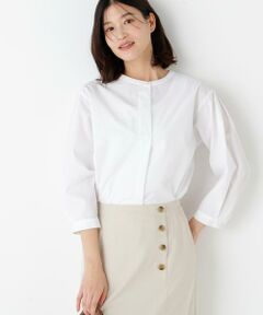 human woman / ヒューマンウーマン シャツ・ブラウス | ◆綿ポリエステル先染ノーカラーブラウス