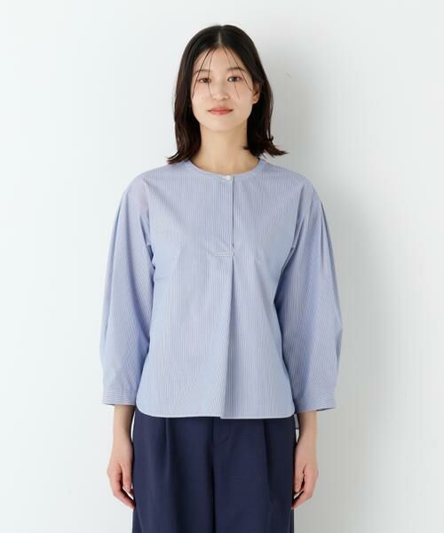 human woman / ヒューマンウーマン シャツ・ブラウス | ◆綿ポリエステル先染ノーカラーブラウス | 詳細4