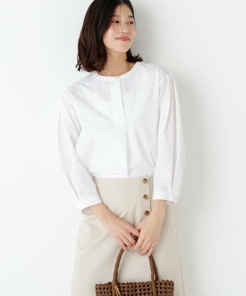 human woman / ヒューマンウーマン シャツ・ブラウス | ◆綿ポリエステル先染ノーカラーブラウス | 詳細14