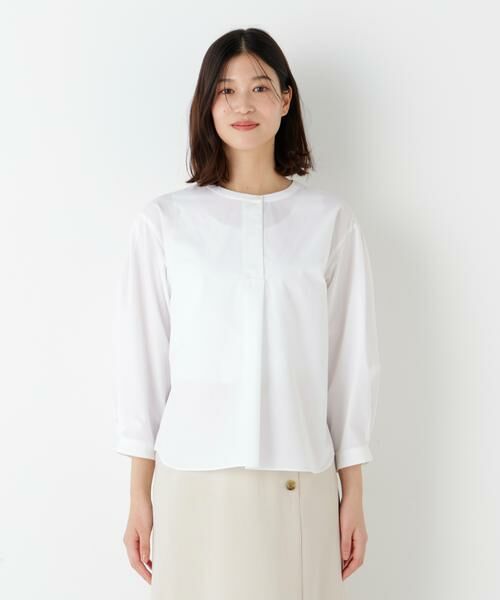 human woman / ヒューマンウーマン シャツ・ブラウス | ◆綿ポリエステル先染ノーカラーブラウス | 詳細16