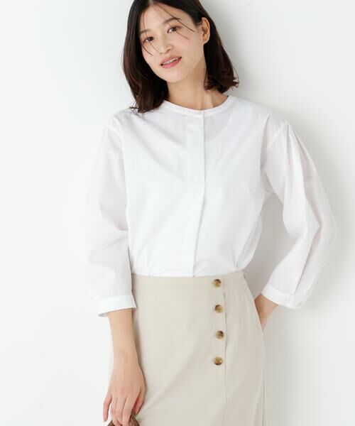 human woman / ヒューマンウーマン シャツ・ブラウス | ◆綿ポリエステル先染ノーカラーブラウス（ホワイト）