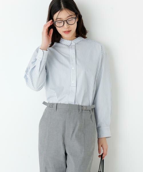 human woman / ヒューマンウーマン シャツ・ブラウス | ◆ストライプ形態安定ボックスブラウス（ブルーストライプ3）