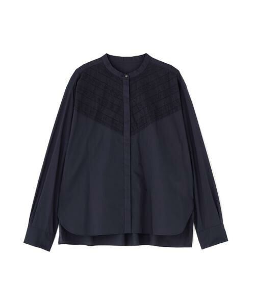 human woman / ヒューマンウーマン シャツ・ブラウス | ◆レースドッキングバンドカラーブラウス（ネイビー）