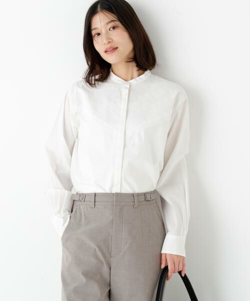 human woman / ヒューマンウーマン シャツ・ブラウス | ◆レースドッキングバンドカラーブラウス（ホワイト）