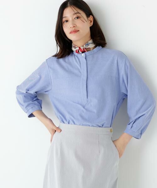 human woman / ヒューマンウーマン カットソー | ◆鹿の子ジャージーバンドカラープルオーバー(シャンブレーブルー)