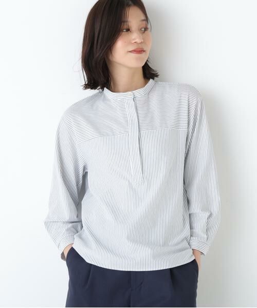 human woman / ヒューマンウーマン カットソー | ◆鹿の子ジャージーバンドカラープルオーバー(ネイビーBD3)