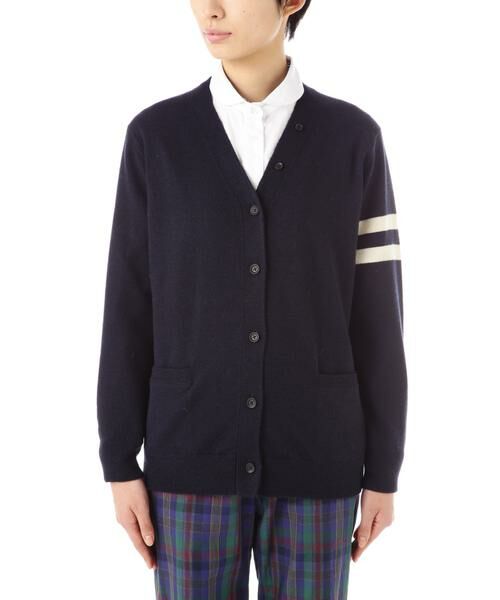 human woman / ヒューマンウーマン ニット・セーター | ライン入りＶネックカーディガン（ネイビー）